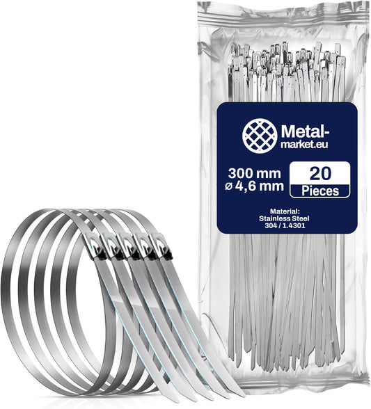 20 fascette in acciaio inox 4,6 x 300 mm con sistema di bloccaggio