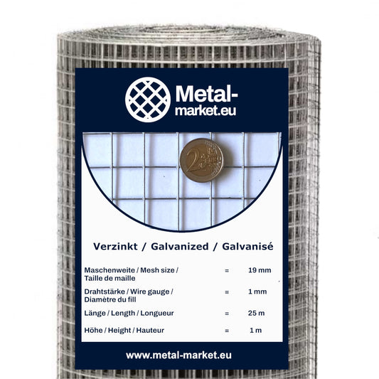 Rete saldata zincata, rotolo, maglia 19 x 19 mm, spessore filo: 1 mm.