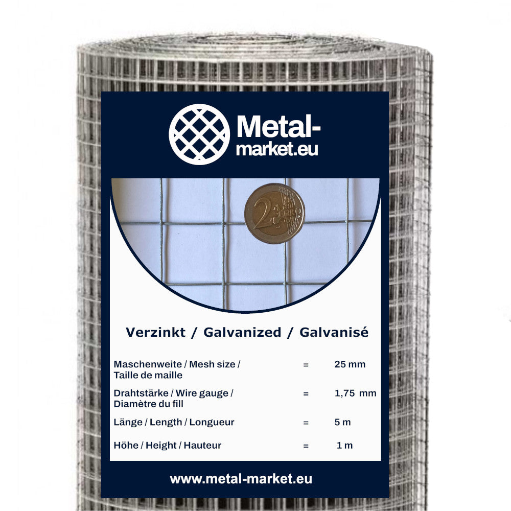 Rete per voliere zincata, rotolo, maglia 25 x 25 mm, spessore filo: 1,75 mm.