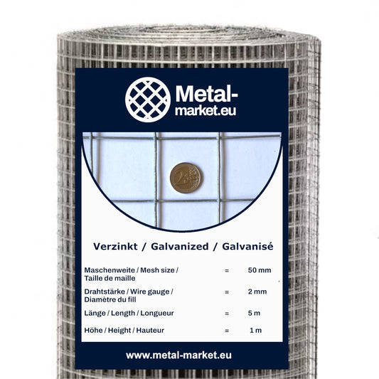 Rete saldata zincata, rotolo, maglia 50 x 50 mm, spessore filo: 2 mm.