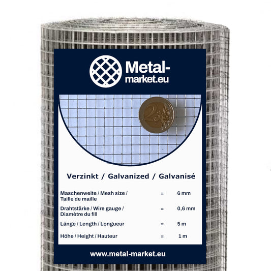 Rete per voliere zincata, maglia 6 x 6 mm, spessore filo: 0,6 mm, in rotolo.