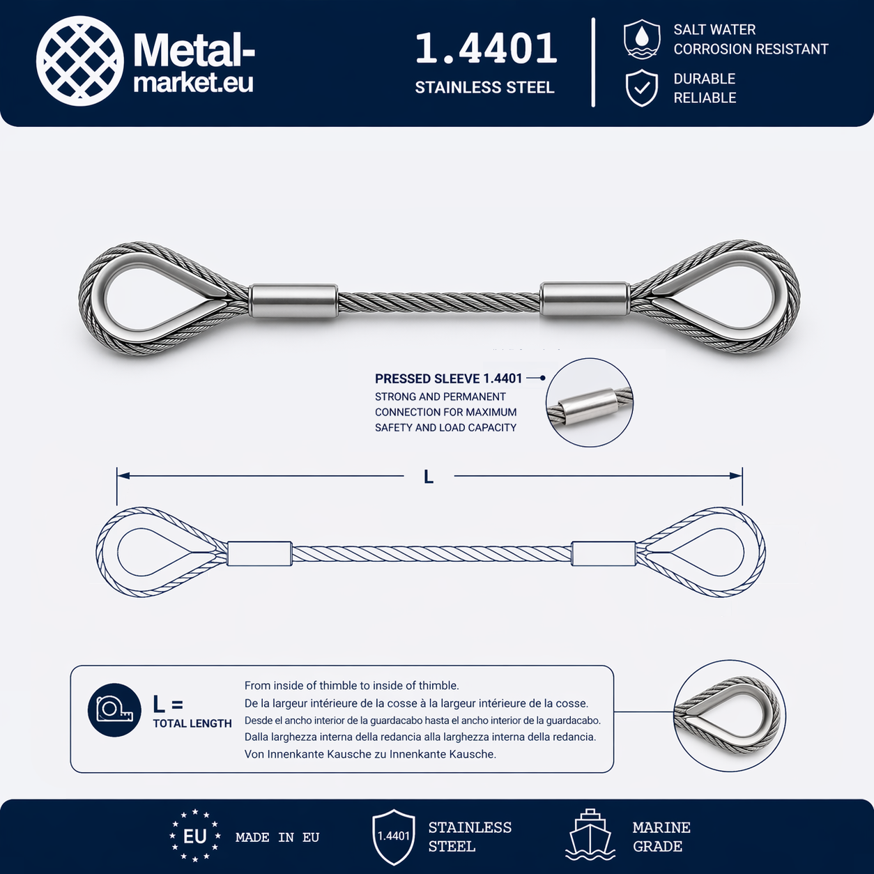 Edelstahl Drahtseil nach Maß (1.4401 V4A) – Kausche & Kausche – Ø 1–10 mm – konfigurierbar