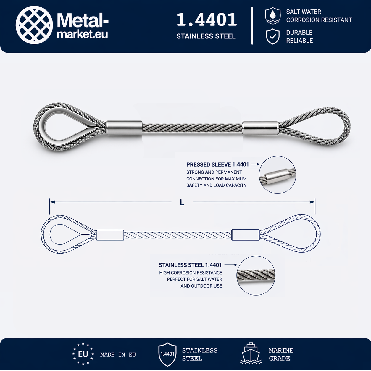 Edelstahl Drahtseil nach Maß (1.4401 V4A) – Schlaufe & Kausche – Ø 1–10 mm – konfigurierbar