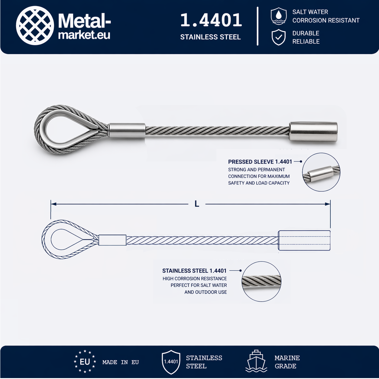 Edelstahl Drahtseil nach Maß (1.4401 V4A) – Kausche & Seilstopper – Ø 1–10 mm – konfigurierbar