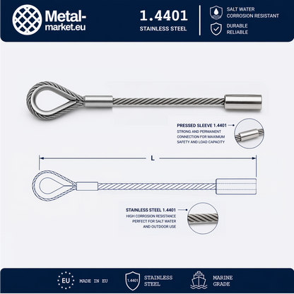Edelstahl Drahtseil nach Maß (1.4401 V4A) – Kausche & Seilstopper – Ø 1–10 mm – konfigurierbar