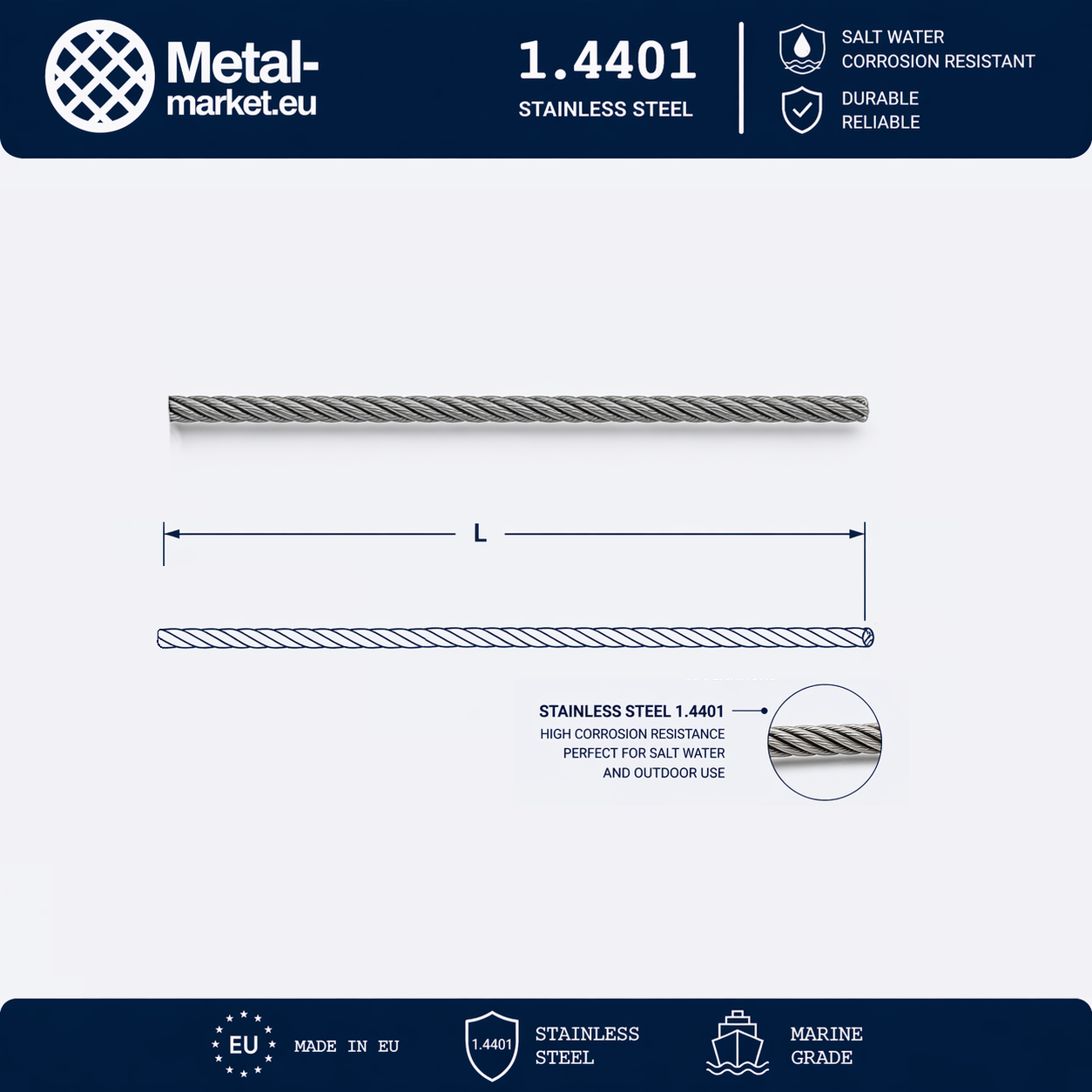 Edelstahl Drahtseil nach Maß (1.4401 V4A) – Lose & Lose – Ø 1–10 mm – konfigurierbar