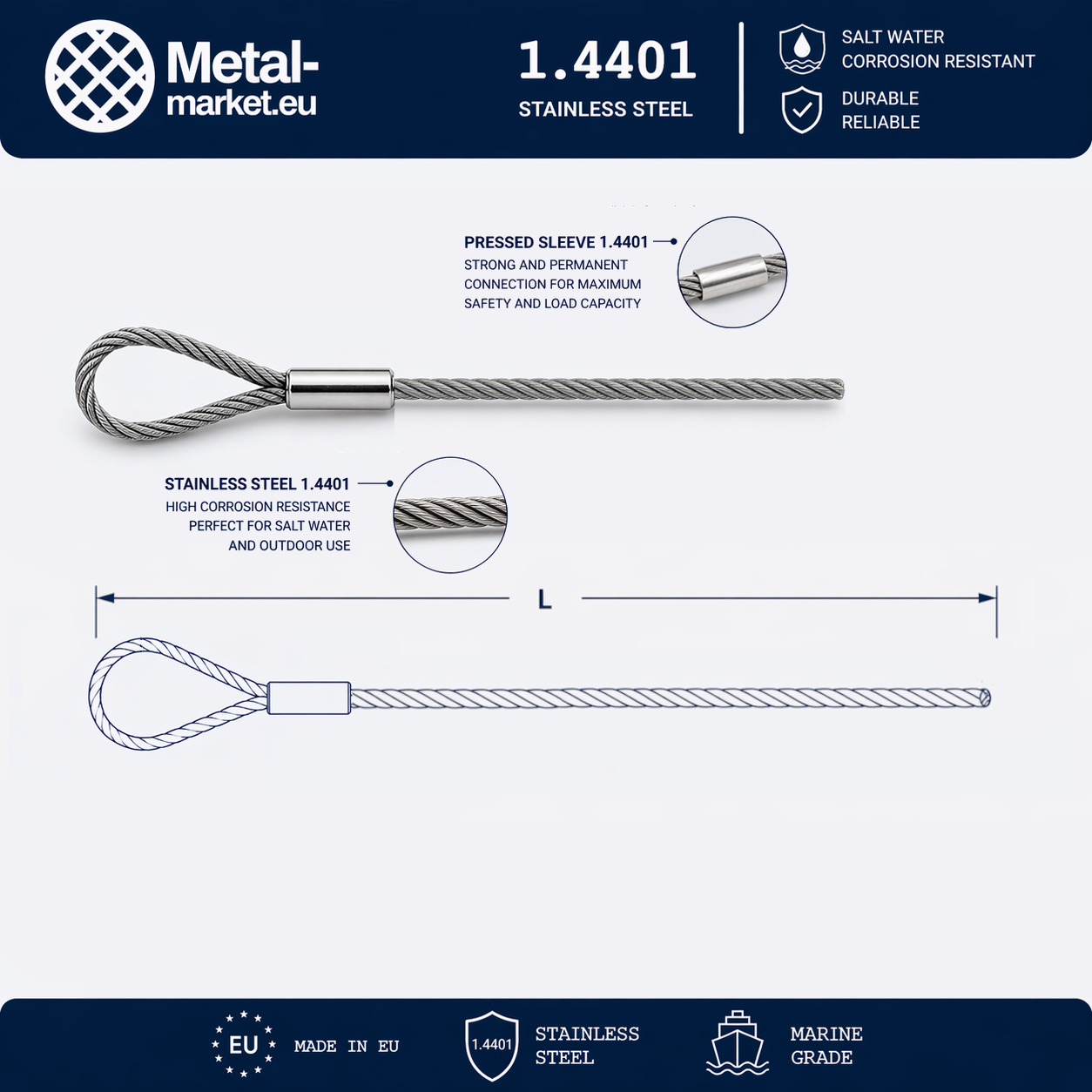 Edelstahl Drahtseil nach Maß (1.4401 V4A) – Schlaufe & Lose – Ø 1–10 mm – konfigurierbar