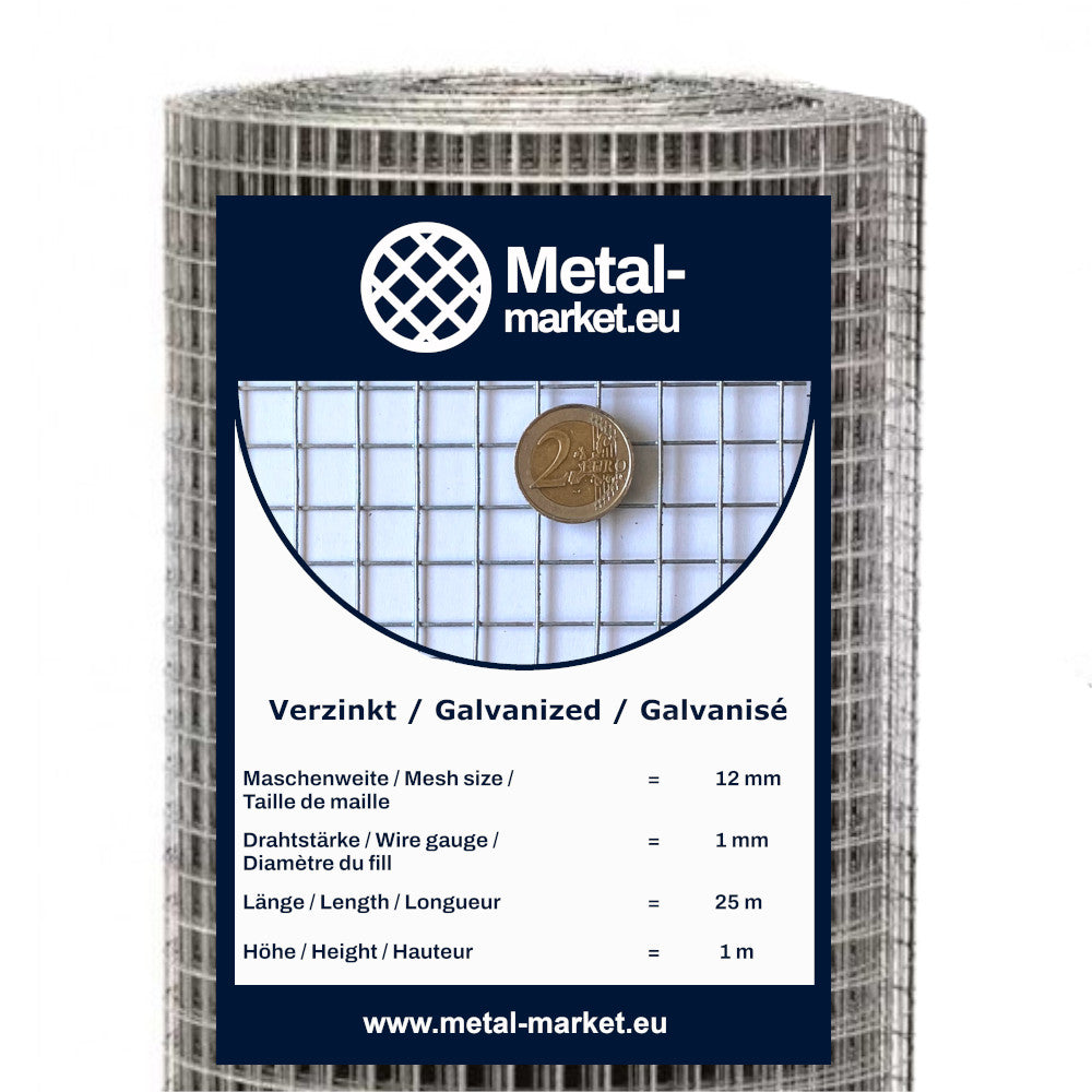 Rete saldata zincata, rotolo, maglia 12 x 12 mm, spessore filo: 1 mm.