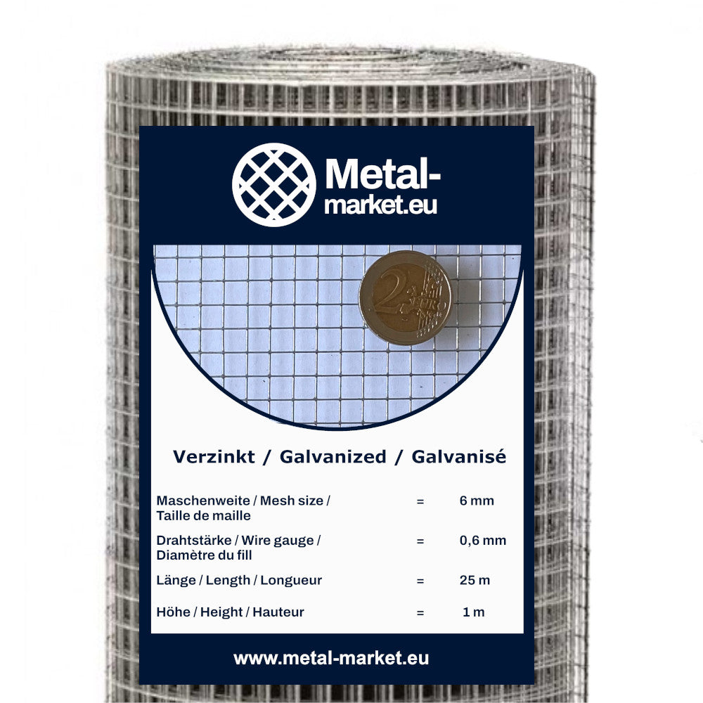 Rete per voliere zincata, maglia 6 x 6 mm, spessore filo: 0,6 mm, in rotolo.